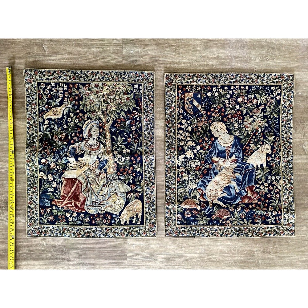 Lot 2 Craye Tapestry Tapisseries Lion Flandres France French Carder Sheep 24 x18